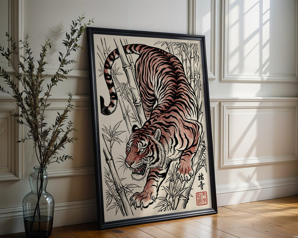 Stalking Tiger Poster – Red Ink Japanese Wall Art Print — frame-286