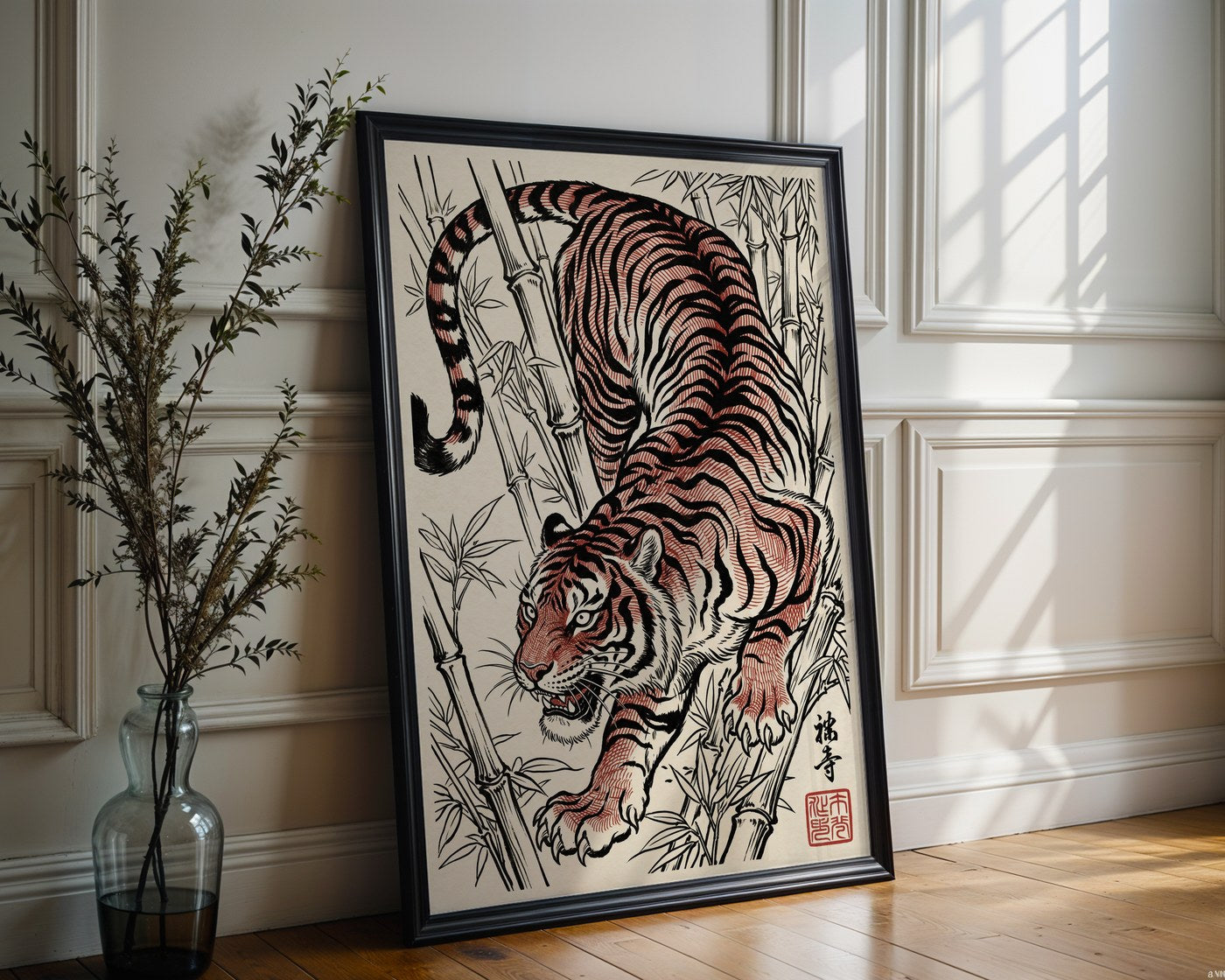 Stalking Tiger Poster – Red Ink Japanese Wall Art Print — frame-286