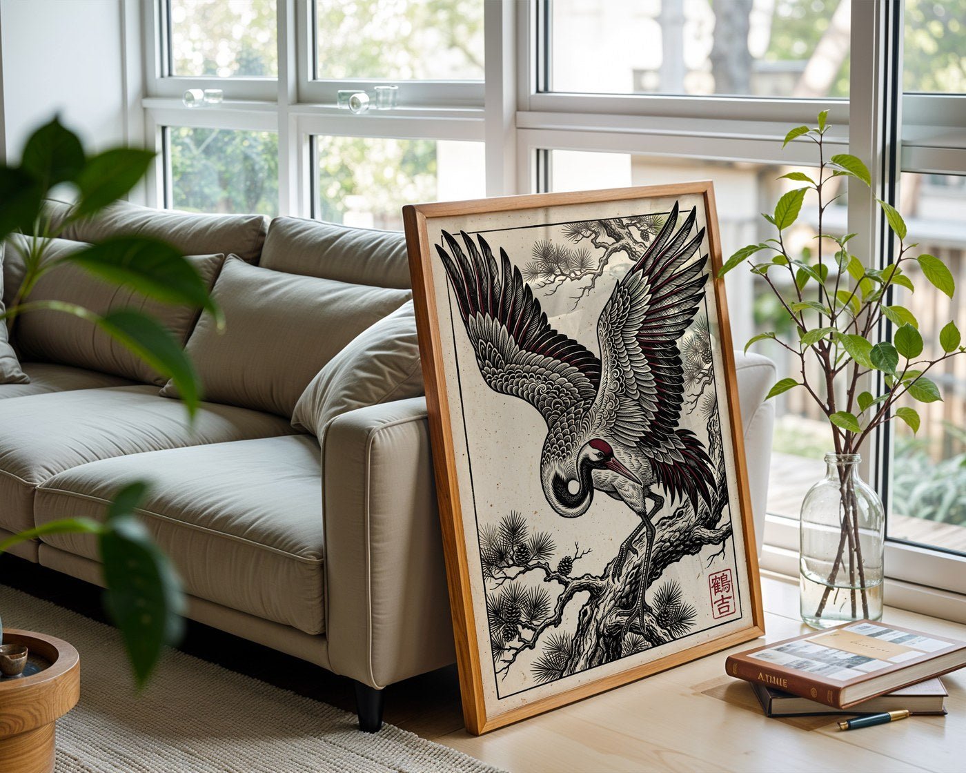 Majestic Crane Poster – Red Japanese Bird Wall Art Print — frame-426