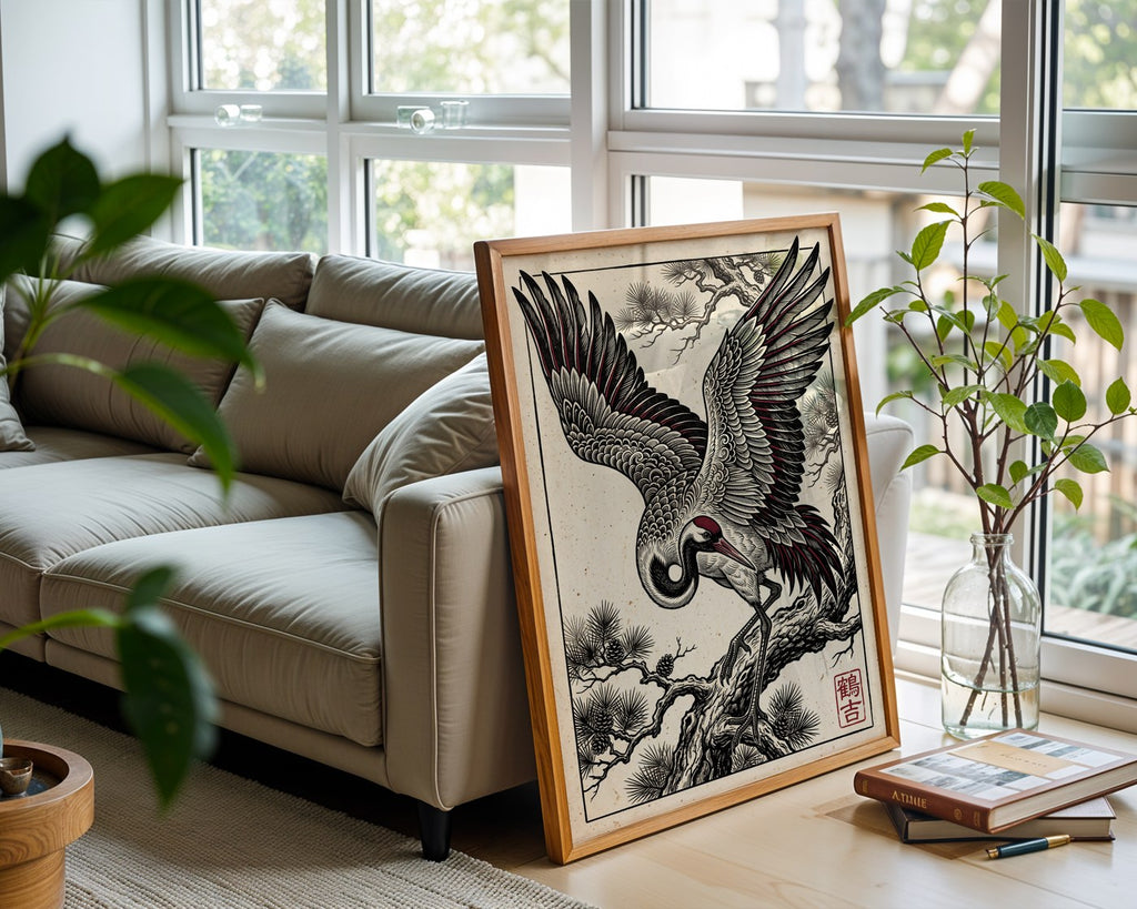 Majestic Crane Poster – Red Japanese Bird Wall Art Print — frame-426