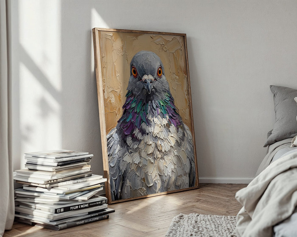 Staring Pigeon Oil Poster – Bold Character Animal Wall Art — styled-wall