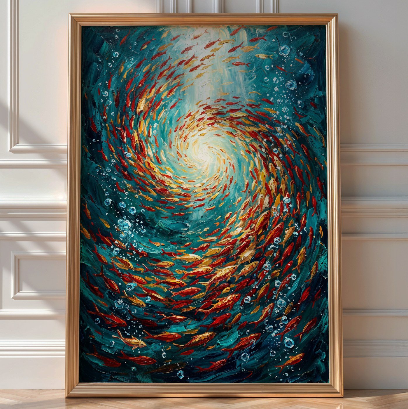 Red and Gold Fish Vortex Poster – Expressive Oil Painting Wall Art — room-portrait