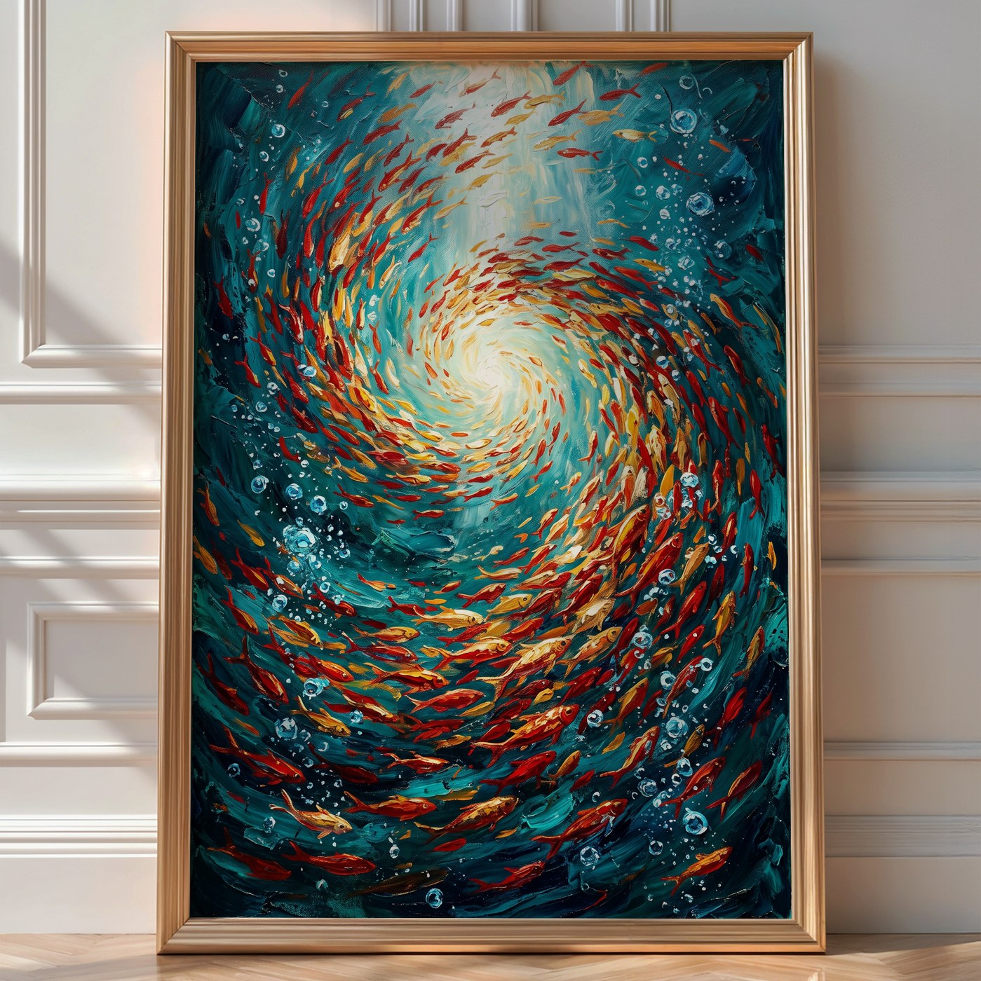 Red and Gold Fish Vortex Poster – Expressive Oil Painting Wall Art — room-portrait