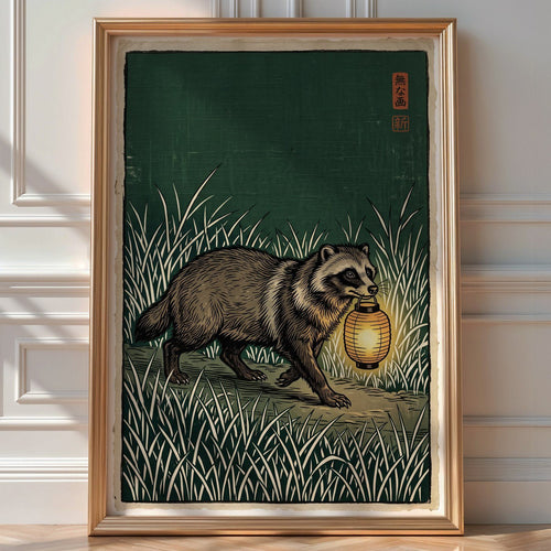 Badger with Lantern Poster – Woodblock Style Wall Art Print — room-portrait