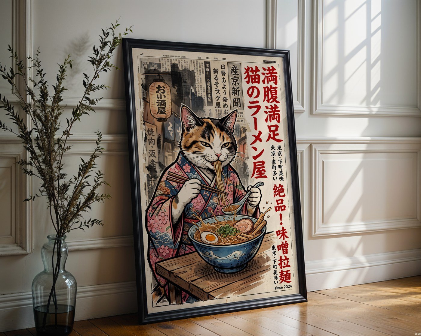 Ramen Cat Poster – Japanese Ink Illustration Wall Art Print — frame-286
