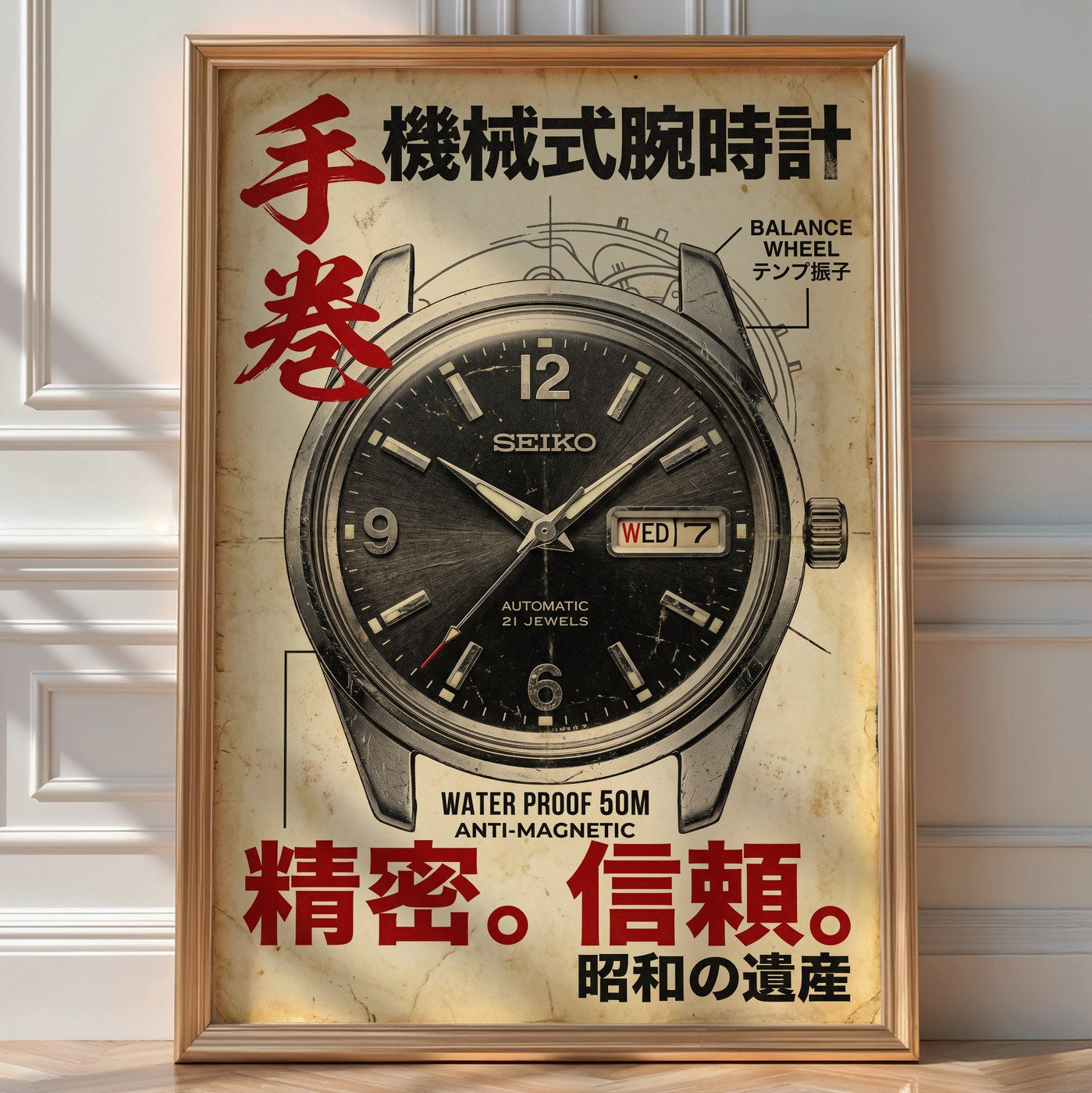 Classic Seiko Watch Poster – Japanese Minimalist Wall Art Print — room-portrait