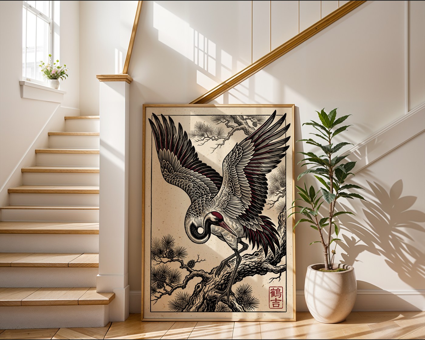 Majestic Crane Poster – Red Japanese Bird Wall Art Print — frame-267