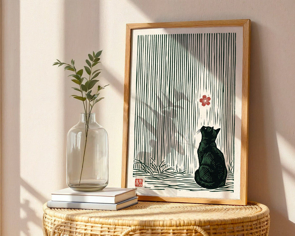 Cat and Cherry Blossom – Shin-hanga Style Art Print — frame-486