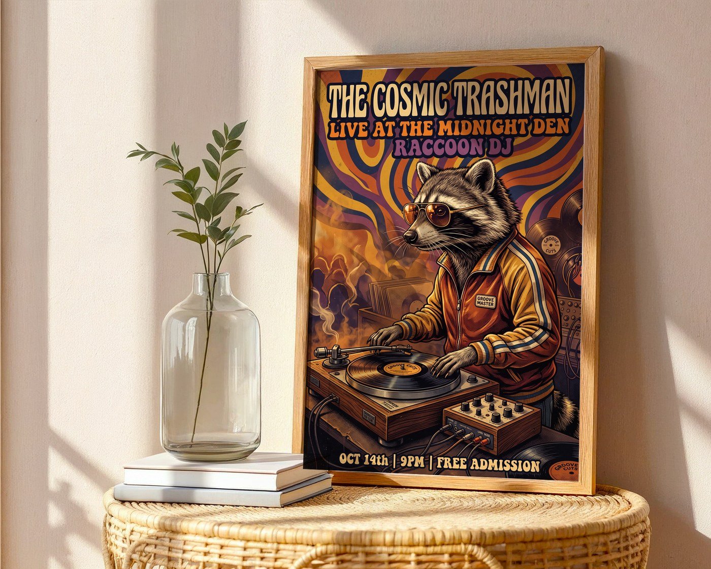 Cosmic Vinyl Raccoon Poster – 70s Funk Wall Art Print — frame-486