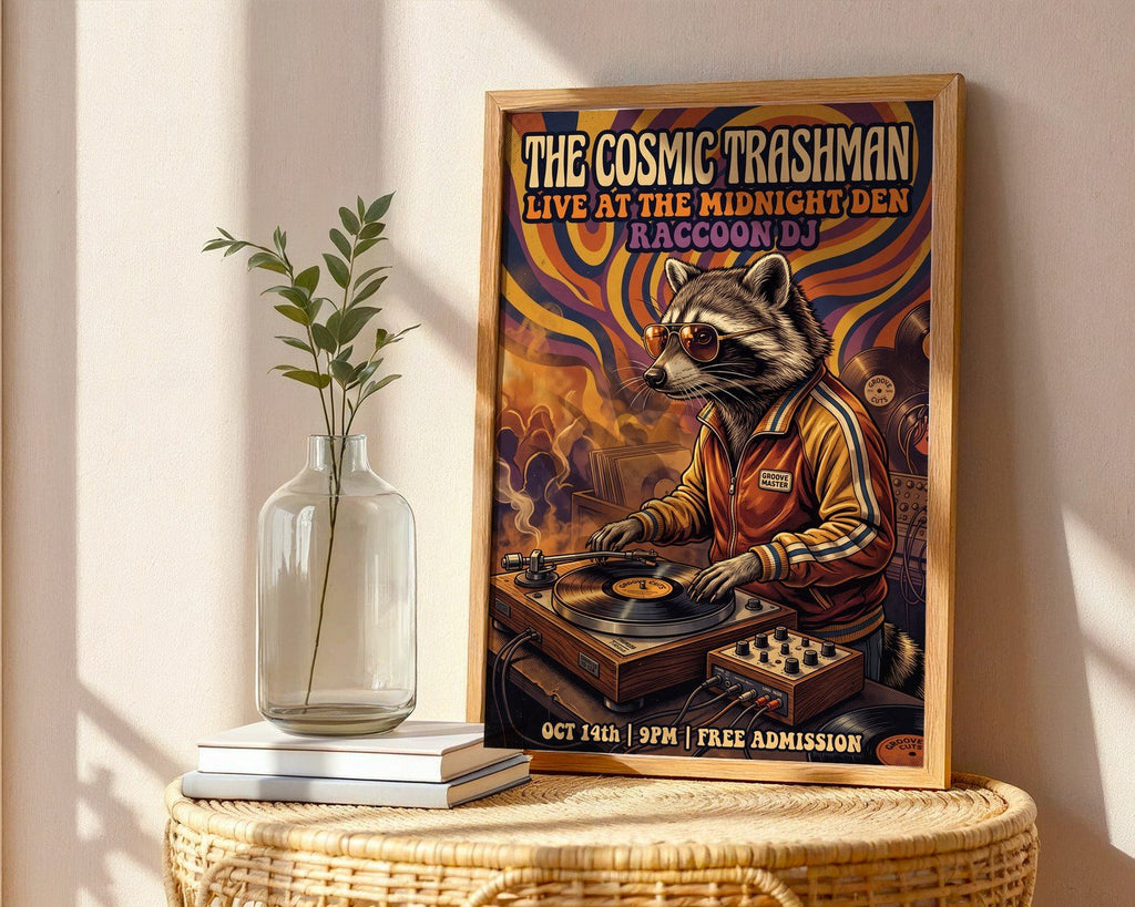 Cosmic Vinyl Raccoon Poster – 70s Funk Wall Art Print — frame-486
