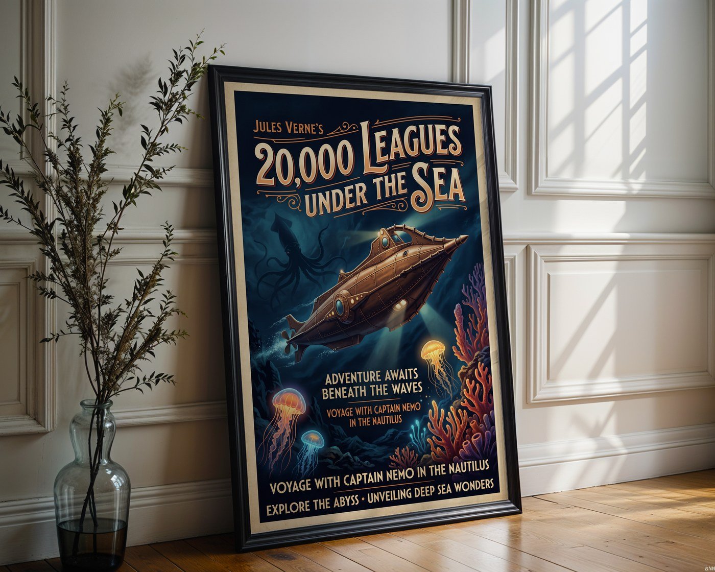Nemo's Nautilus Poster – Jules Verne Steampunk Wall Art Print — frame-286