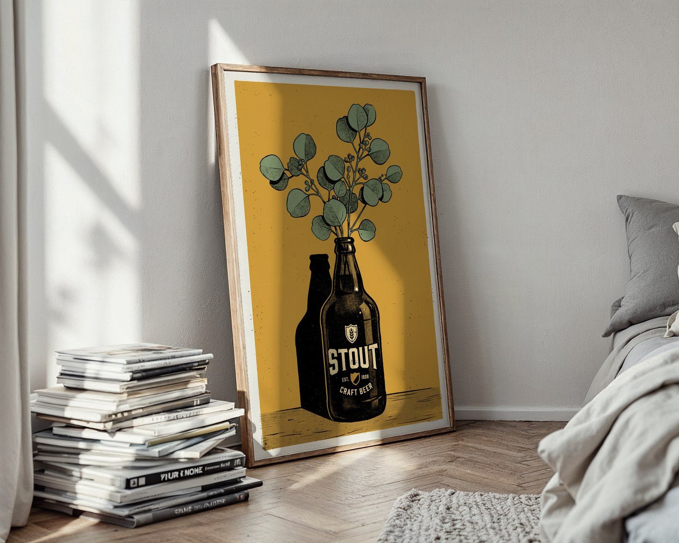 Stout Bottle and Eucalyptus Poster – Modern Botanical Wall Art Print — styled-wall