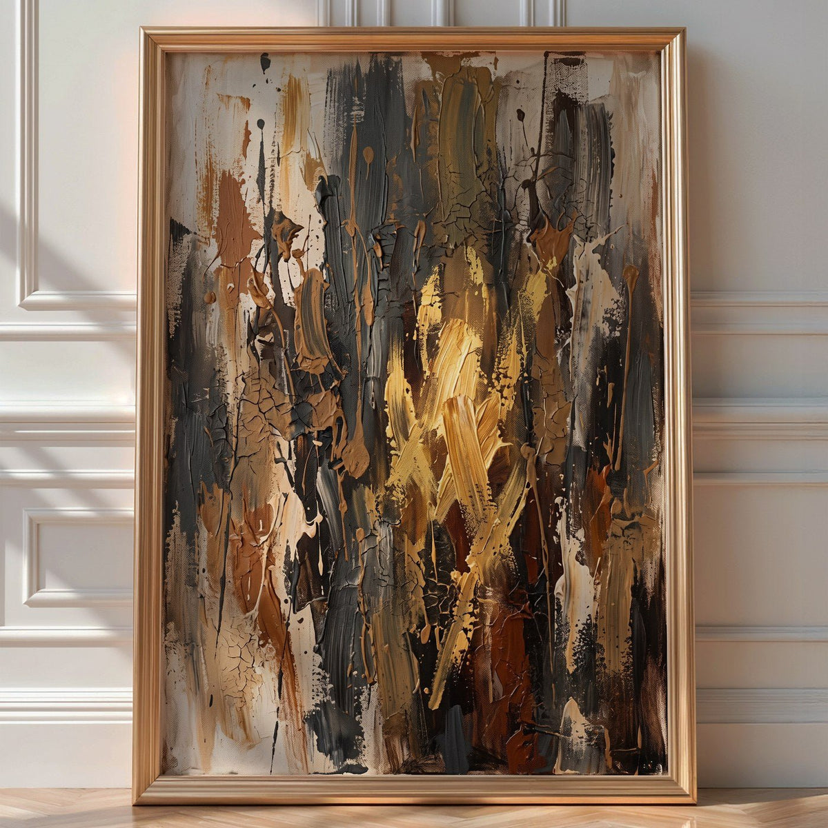 Earth & Bronze Abstract Poster – Modern Wall Art Print — room-portrait