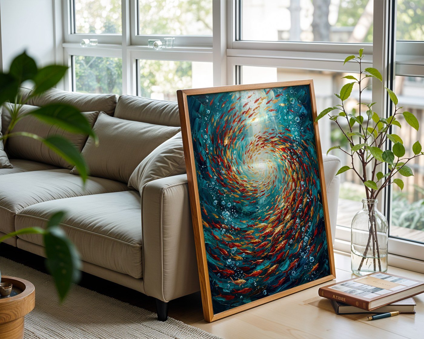 Red and Gold Fish Vortex Poster – Expressive Oil Painting Wall Art — frame-426