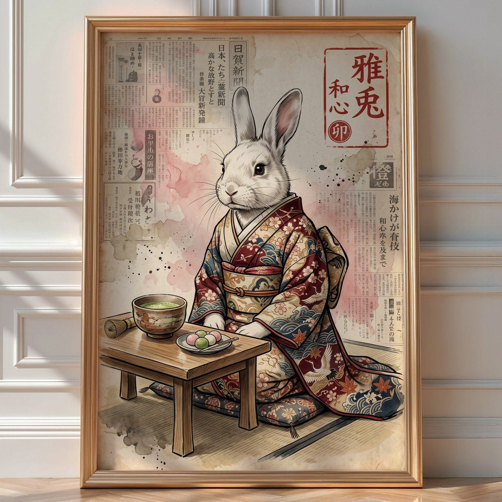 Matcha Rabbit Poster – Zen Japanese Editorial Wall Art Print — room-portrait