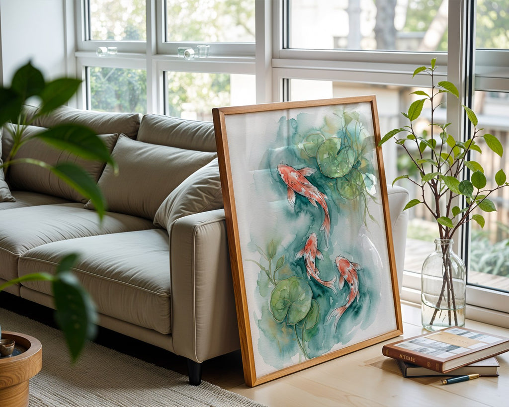 Teal Lotus Koi Poster – Watercolor Wall Art Print — frame-426