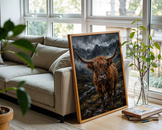 Highland Cow Poster – Moody Scottish Landscape Wall Art Print — frame-426