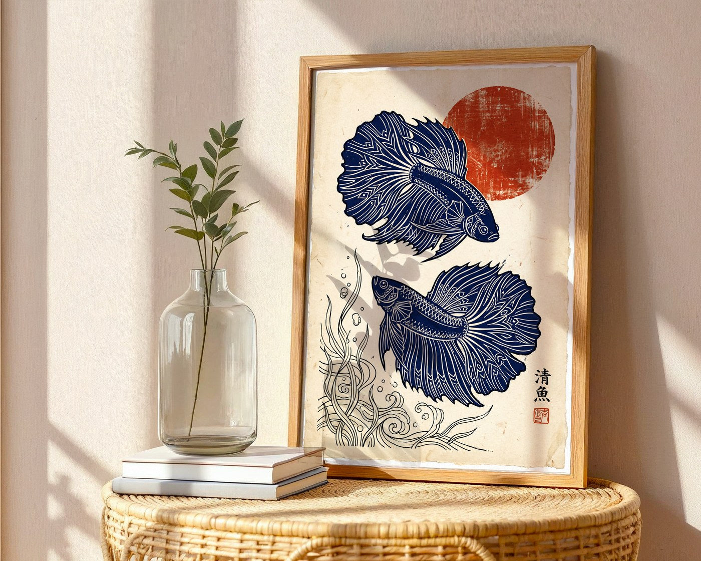 Betta Fish Poster – Japanese Linocut Wall Art Print — frame-486