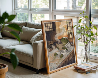 Zen Frog Bathing Poster – Vintage Japanese Editorial Wall Art Print — frame-426