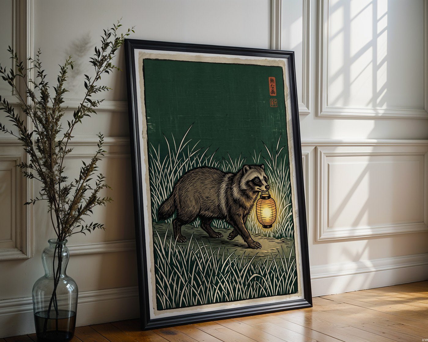 Badger with Lantern Poster – Woodblock Style Wall Art Print — frame-286