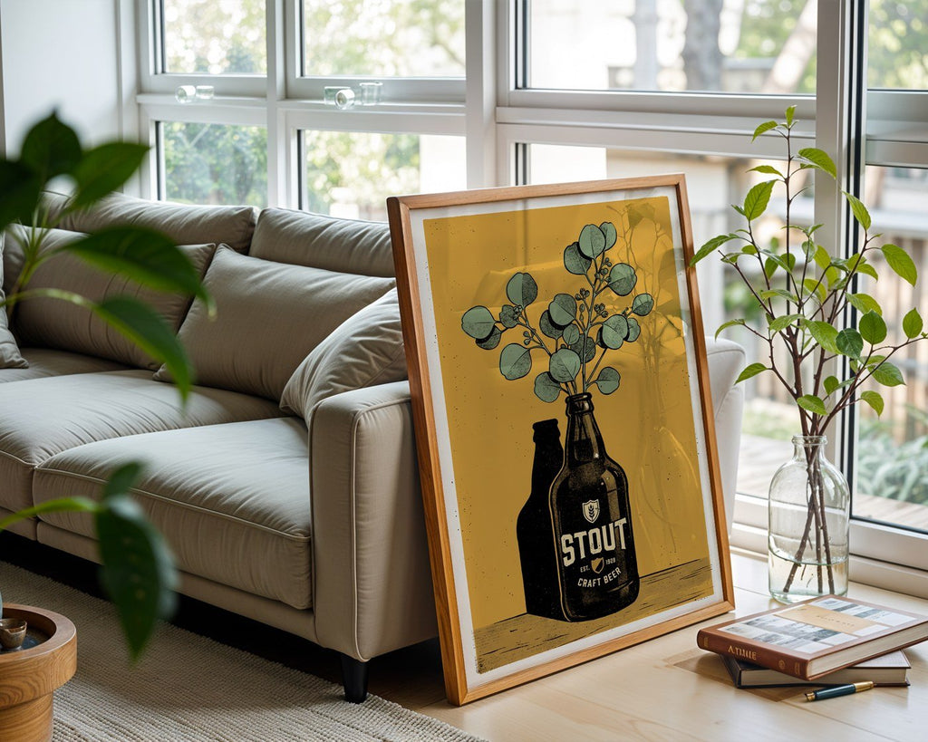 Stout Bottle and Eucalyptus Poster – Modern Botanical Wall Art Print — frame-426