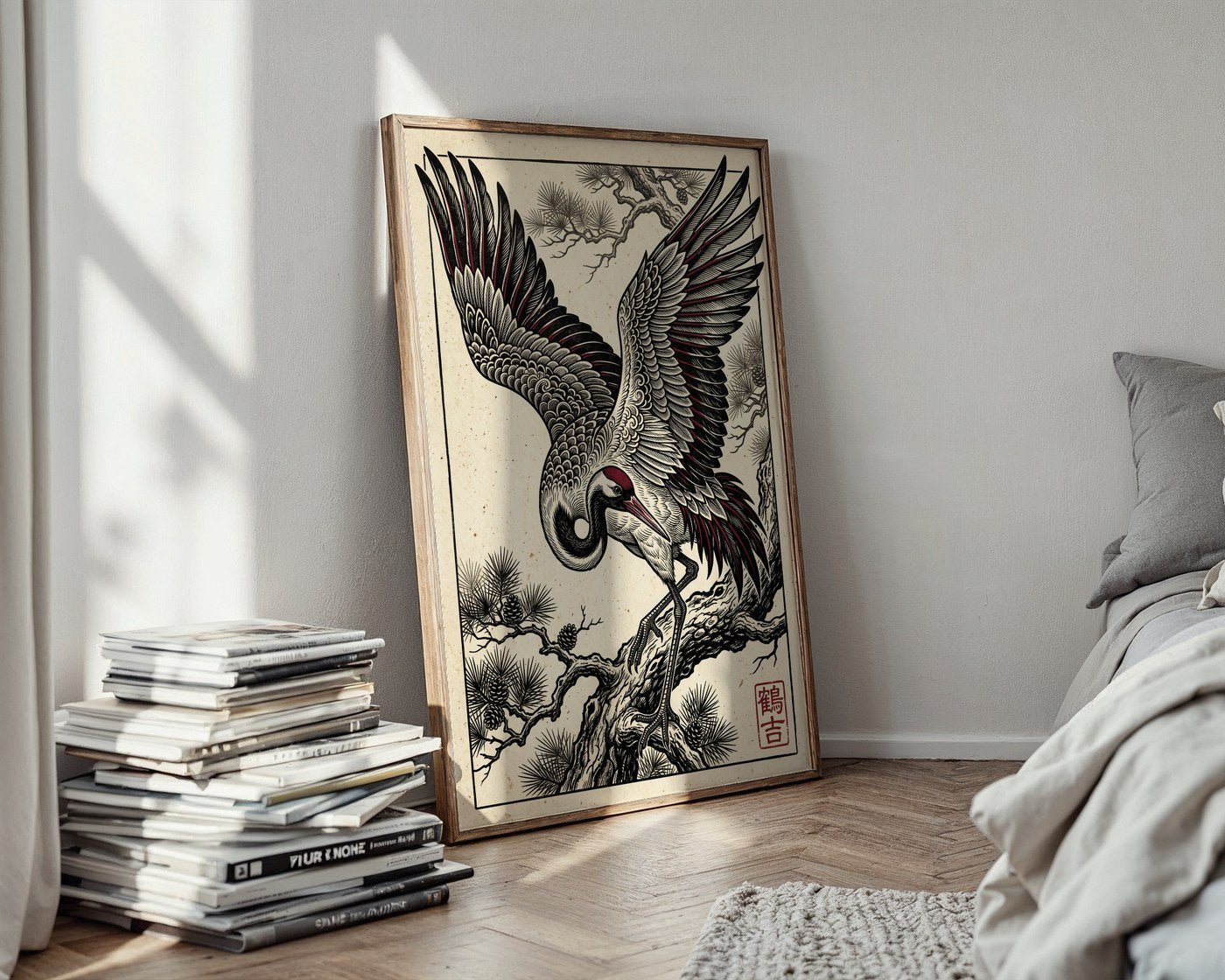 Majestic Crane Poster – Red Japanese Bird Wall Art Print — styled-wall