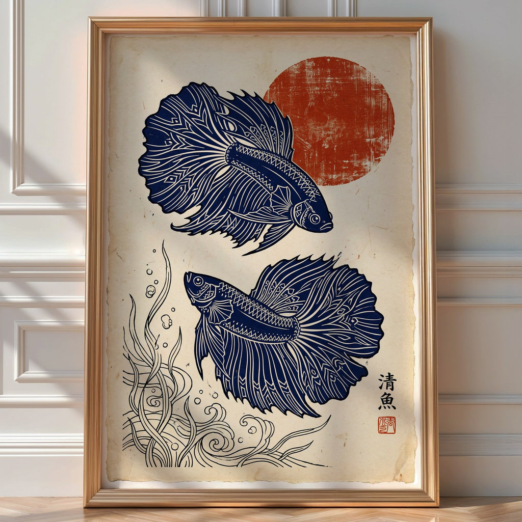 Betta Fish Poster – Japanese Linocut Wall Art Print — room-portrait