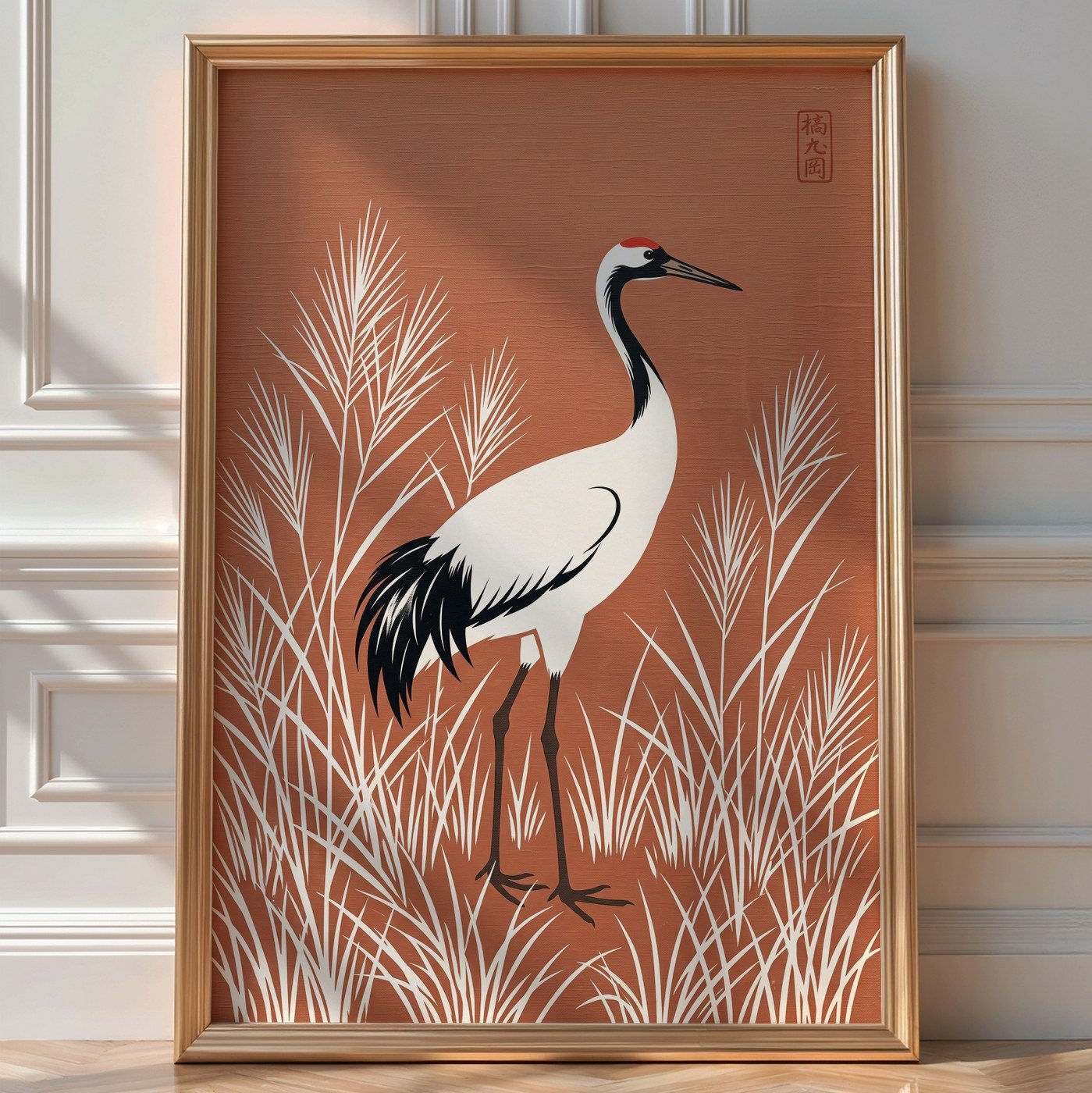 Graceful Crane Poster – Oriental Zen Style Wall Art Print — room-portrait