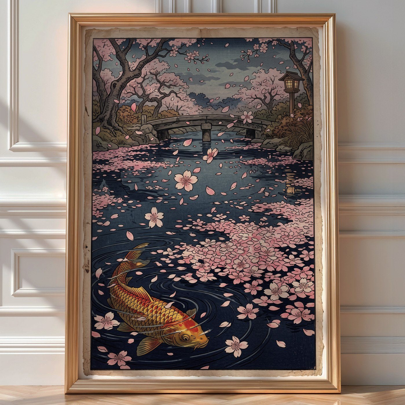 Falling Cherry Petals Poster – Vintage Japanese Woodcut Art — room-portrait