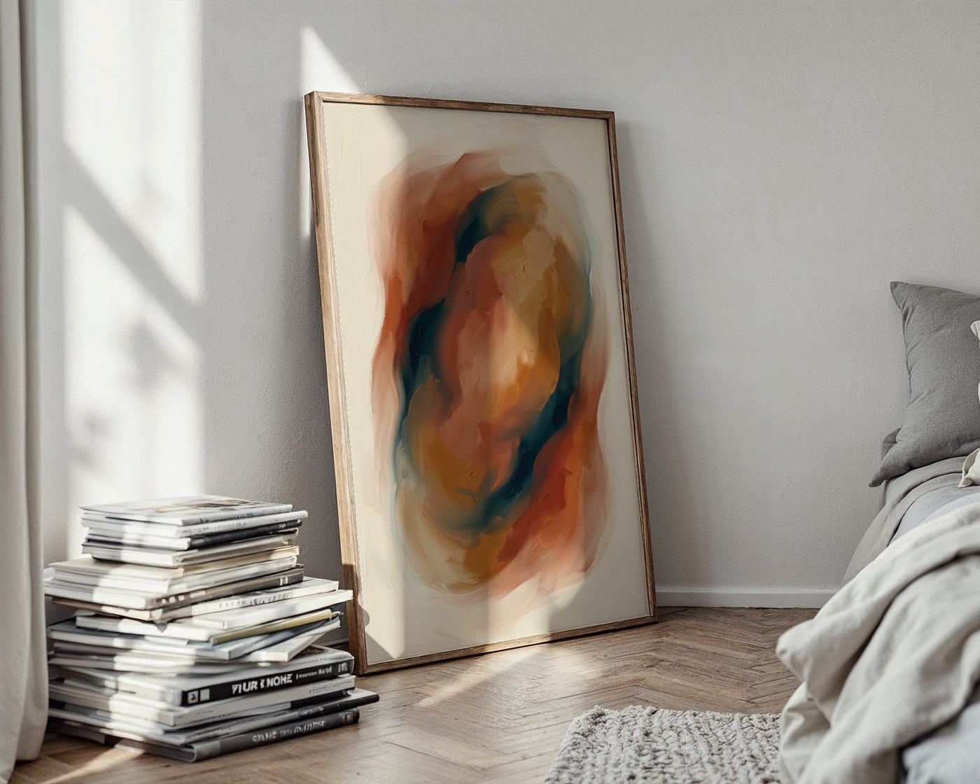 Terracotta & Teal Abstract – Warm Colour-Field Wall Art — styled-wall
