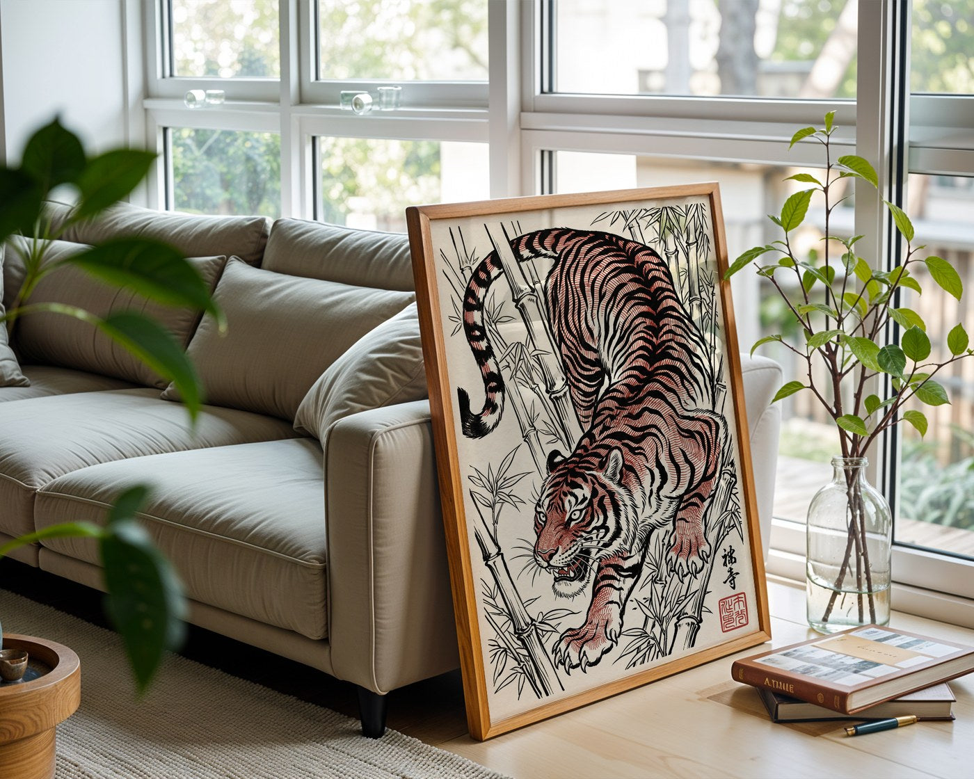 Stalking Tiger Poster – Red Ink Japanese Wall Art Print — frame-426