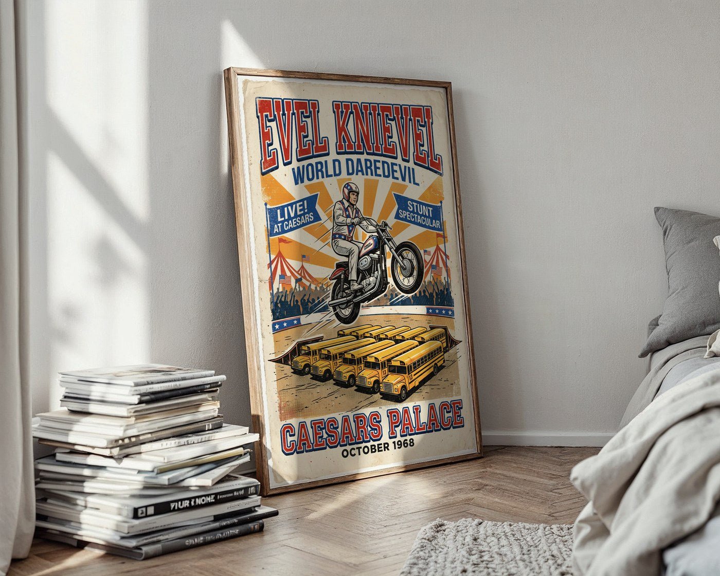 Evel Knievel 1970s Stunt Show Poster – Retro Daredevil Wall Art Print — styled-wall