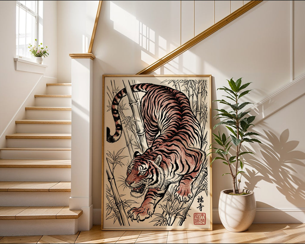 Stalking Tiger Poster – Red Ink Japanese Wall Art Print — frame-267