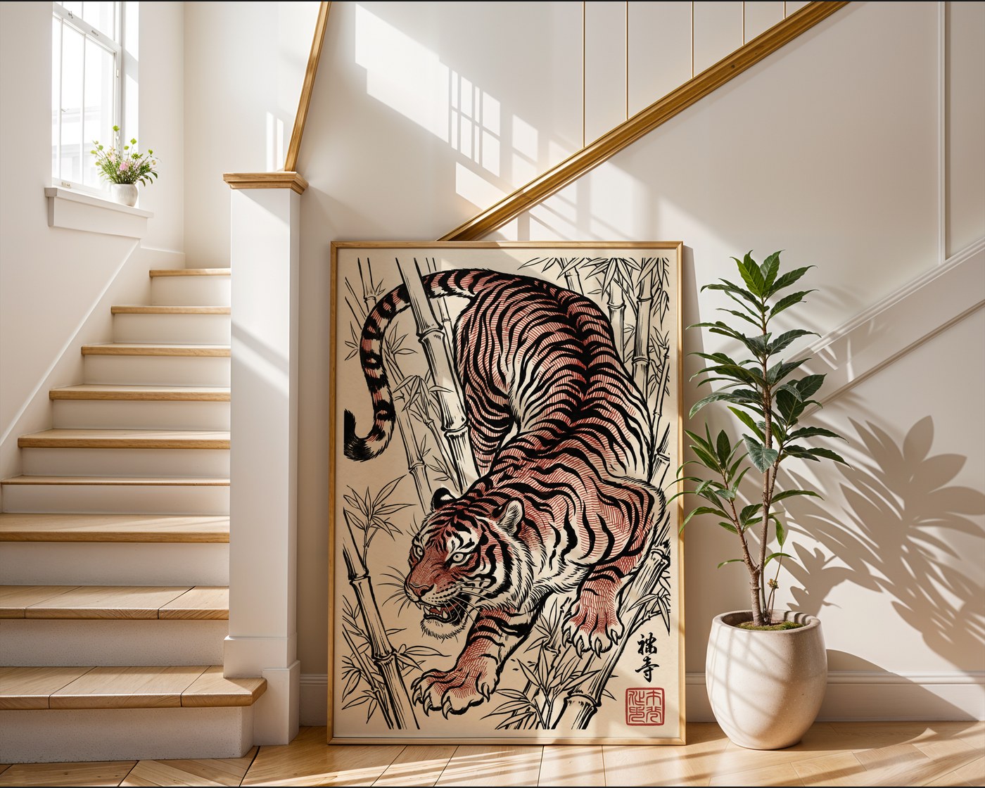 Stalking Tiger Poster – Red Ink Japanese Wall Art Print — frame-267