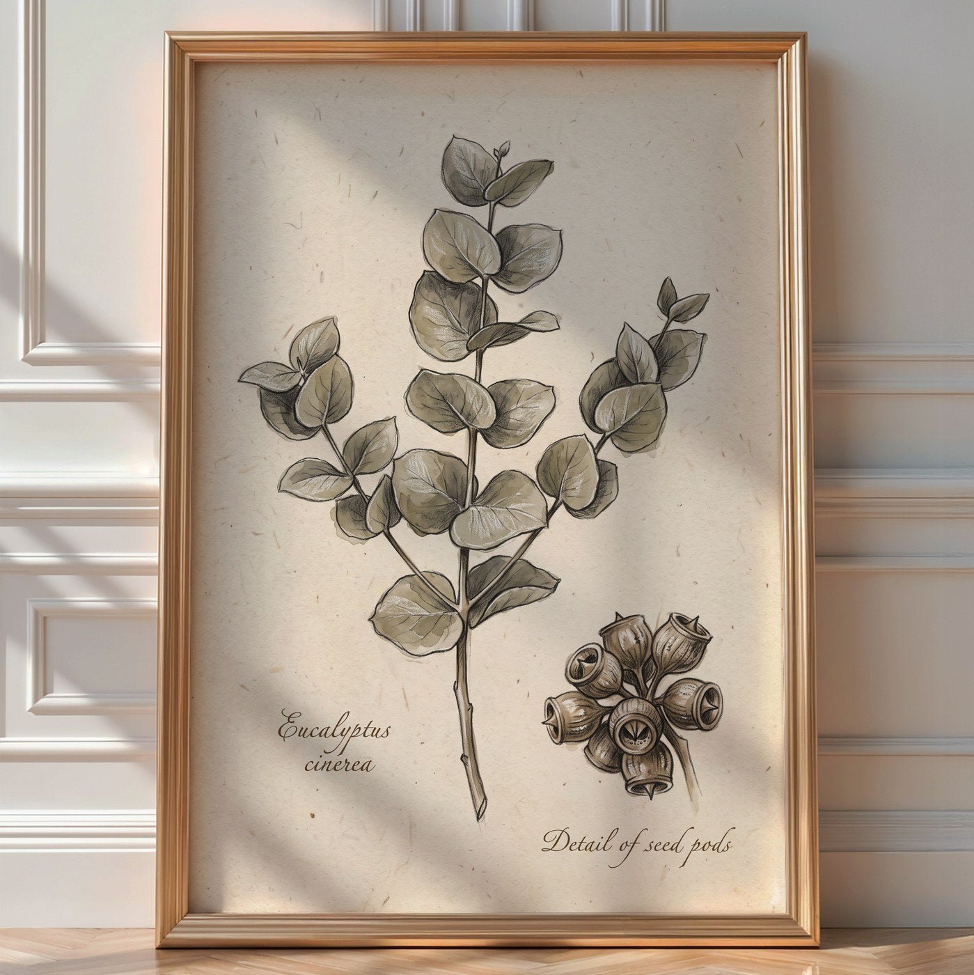 Eucalyptus Macro Poster – Vintage Botanical Illustration Wall Art — room-portrait