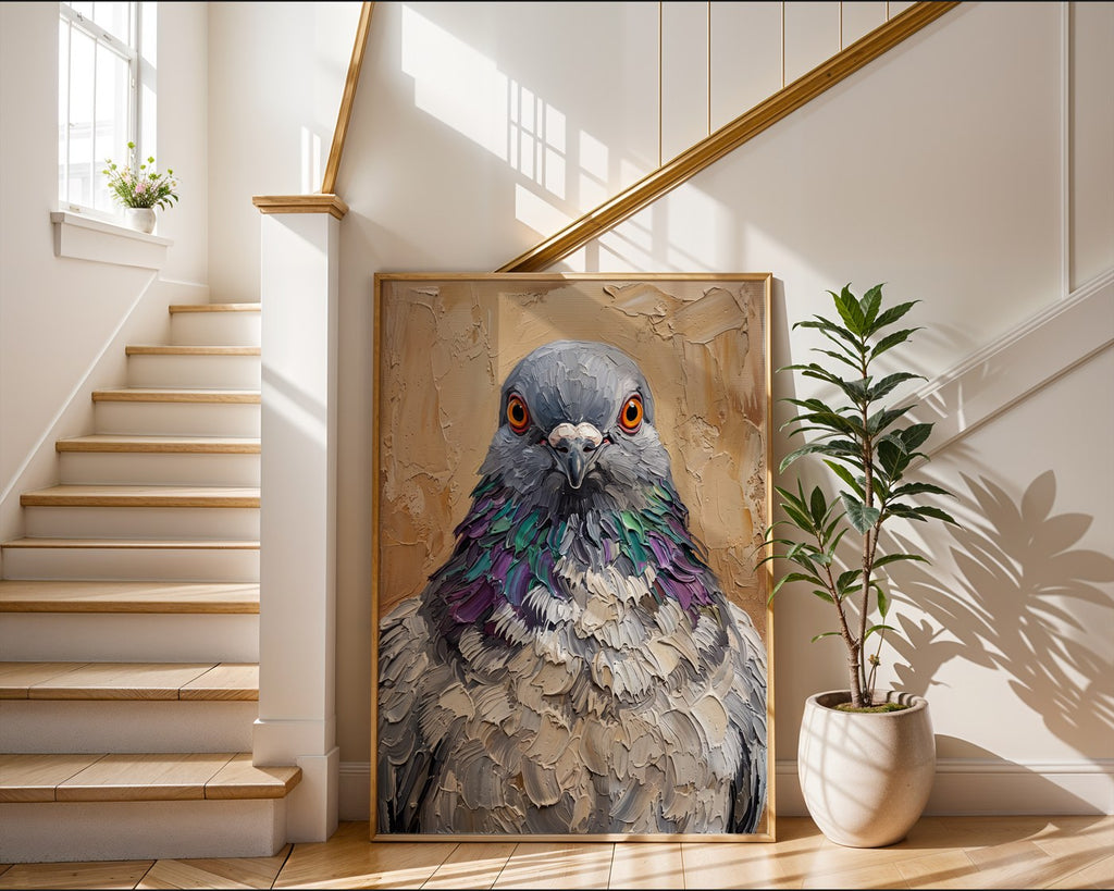 Staring Pigeon Oil Poster – Bold Character Animal Wall Art — frame-267