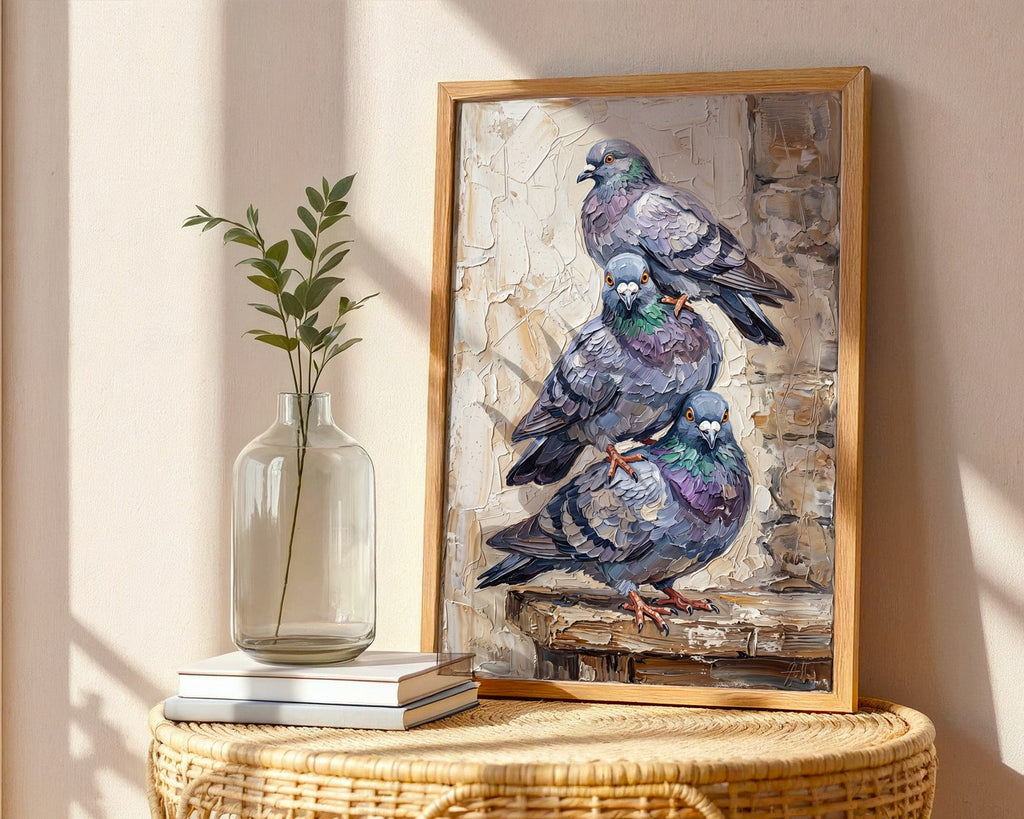 Pigeon Trio Portrait Poster – Rustic Impasto Bird Wall Art — frame-486