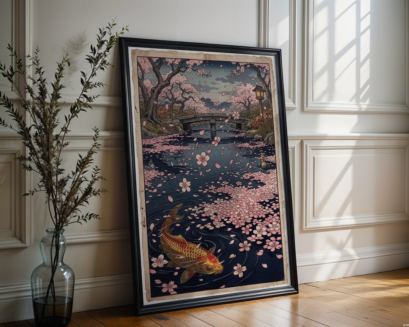 Falling Cherry Petals Poster – Vintage Japanese Woodcut Art — frame-286