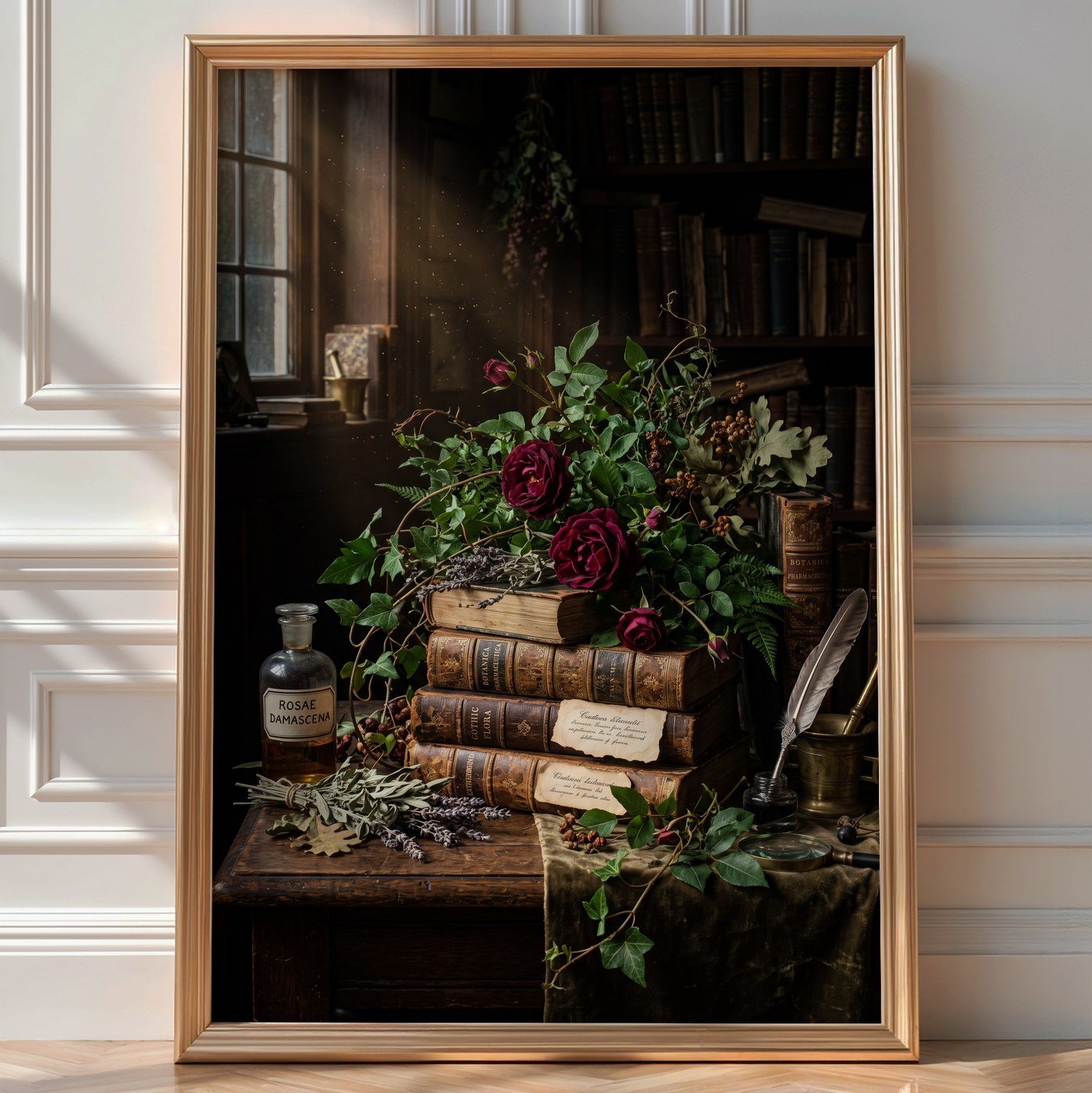 Midnight Herbarium Poster – Dark Academia Botanical Wall Art — room-portrait