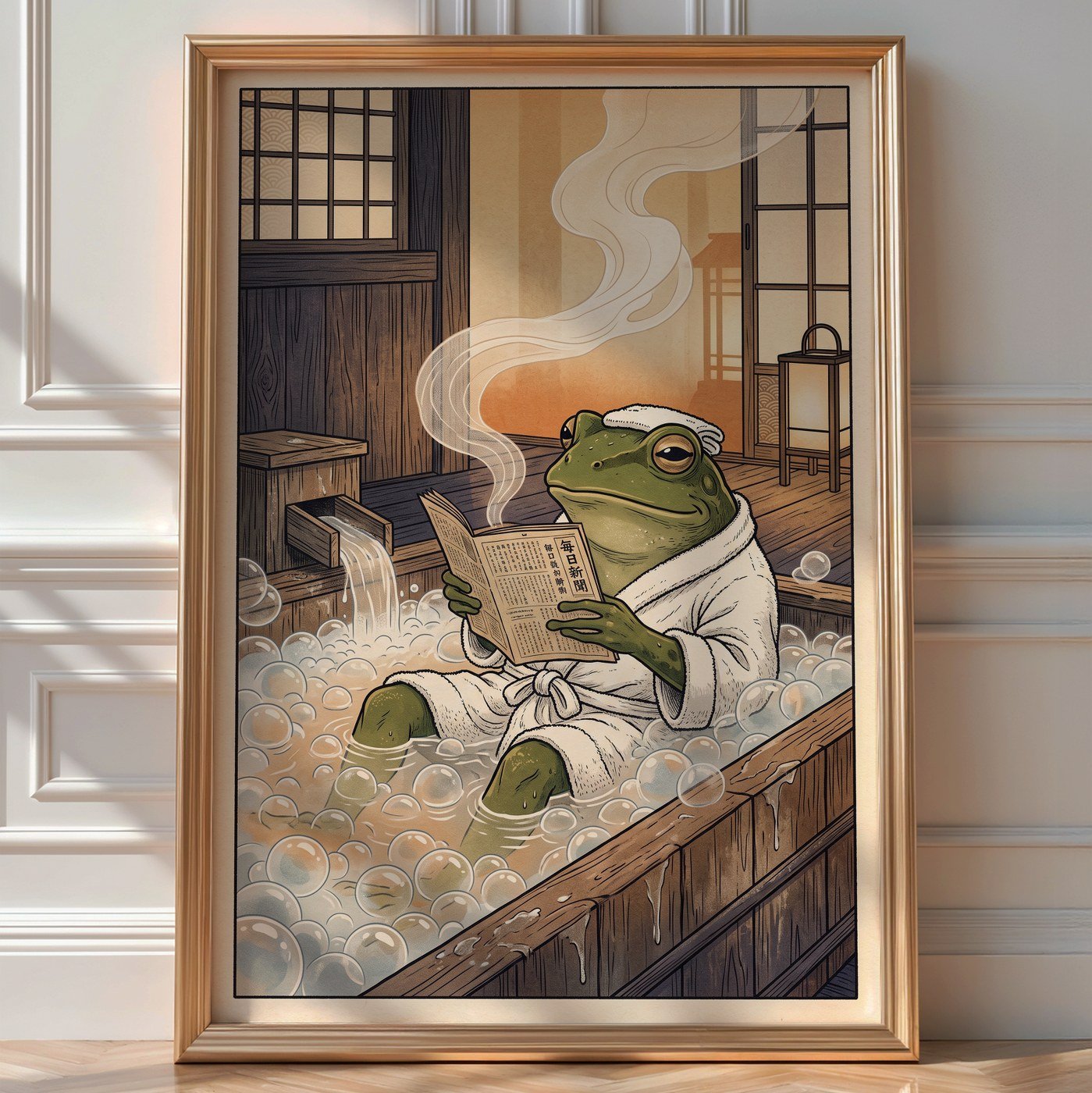 Zen Frog Bathing Poster – Vintage Japanese Editorial Wall Art Print — room-portrait