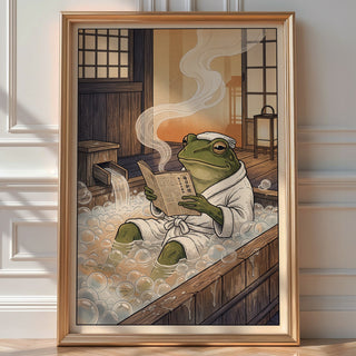 Zen Frog Bathing Poster – Vintage Japanese Editorial Wall Art Print — room-portrait