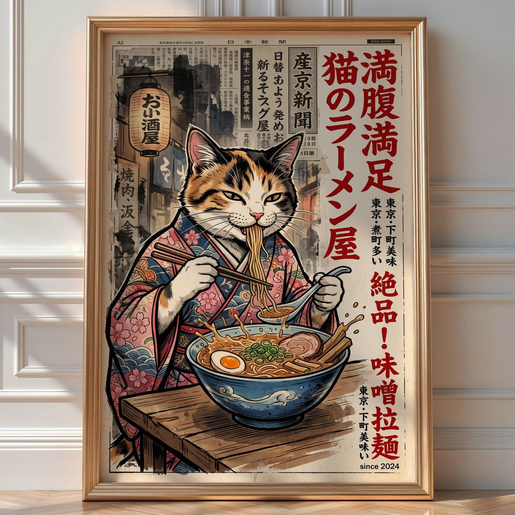 Ramen Cat Poster – Japanese Ink Illustration Wall Art Print — room-portrait