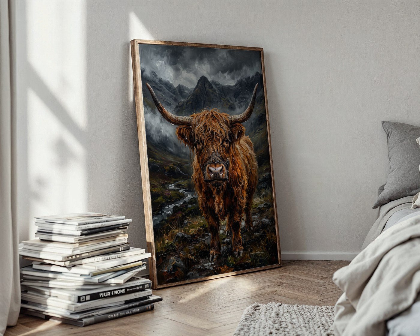 Highland Cow Poster – Moody Scottish Landscape Wall Art Print — styled-wall