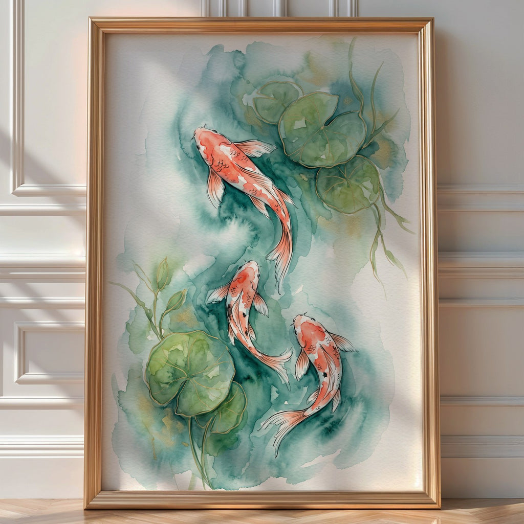 Teal Lotus Koi Poster – Watercolor Wall Art Print — room-portrait