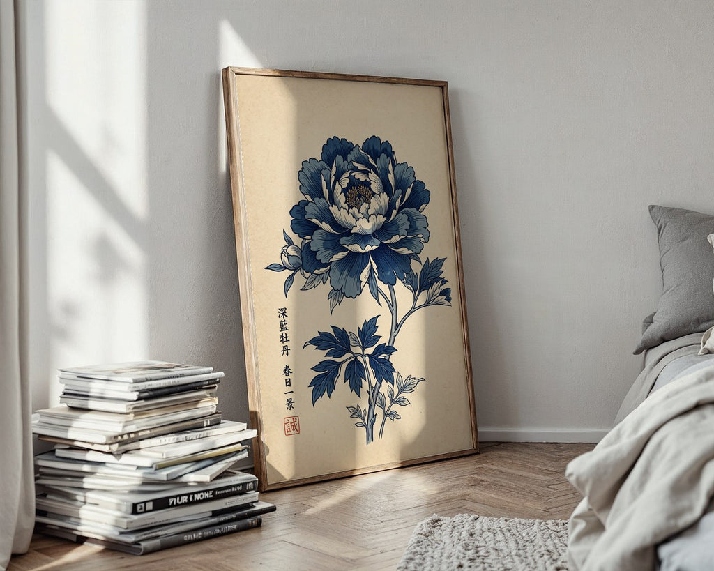 Japanese Blue Peony Poster – Indigo Ukiyo-e Wall Art Print — styled-wall
