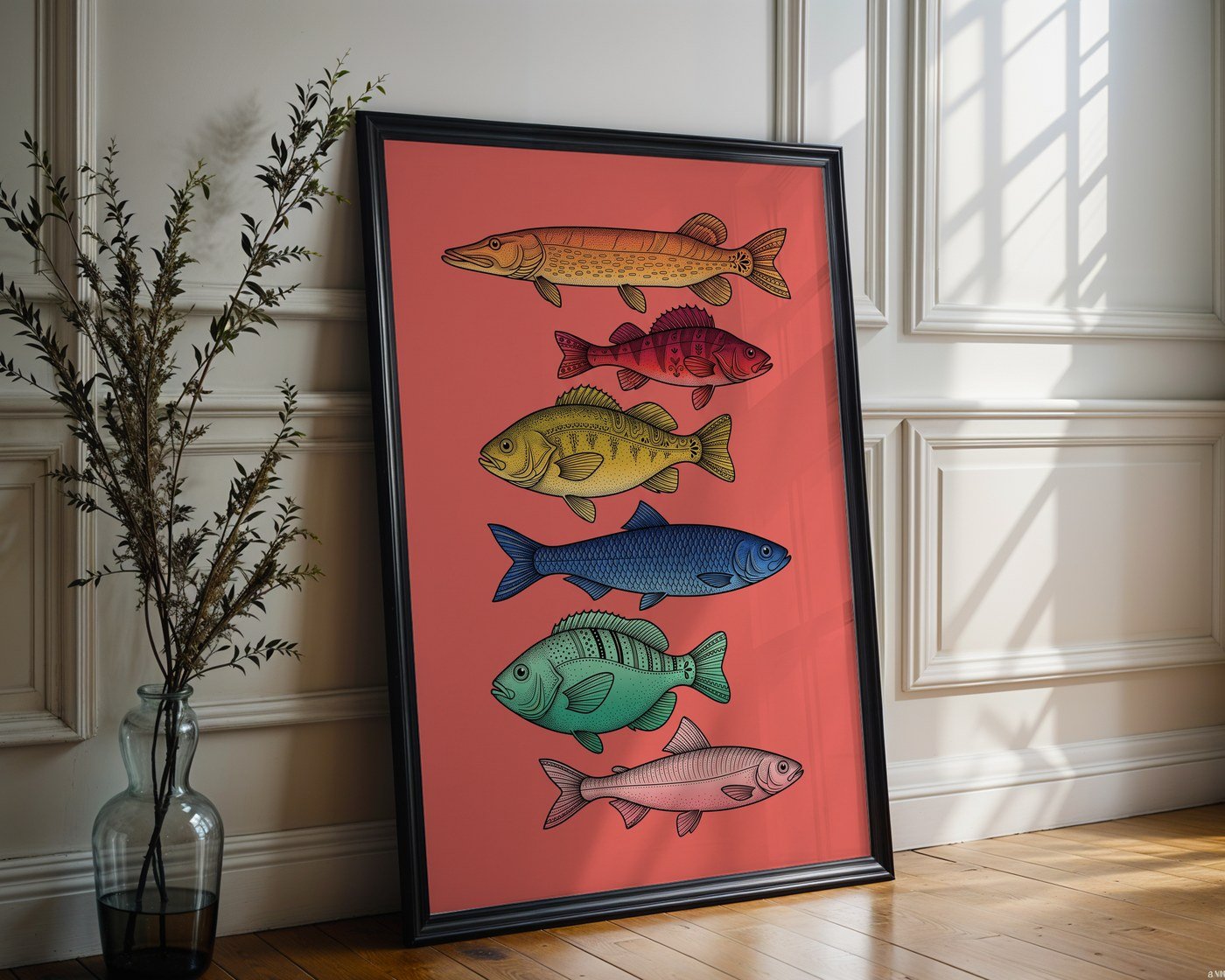 Nordic Aquatic Life Poster – Stippled Wall Art Print — frame-286