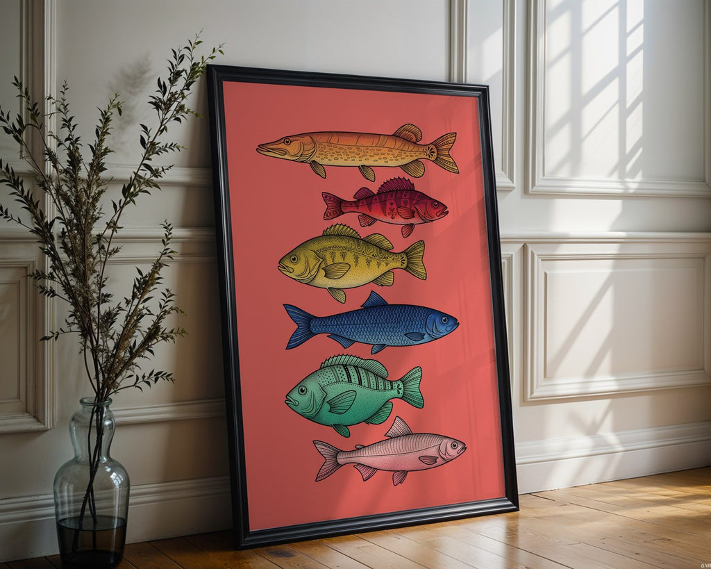 Nordic Aquatic Life Poster – Stippled Wall Art Print — frame-286