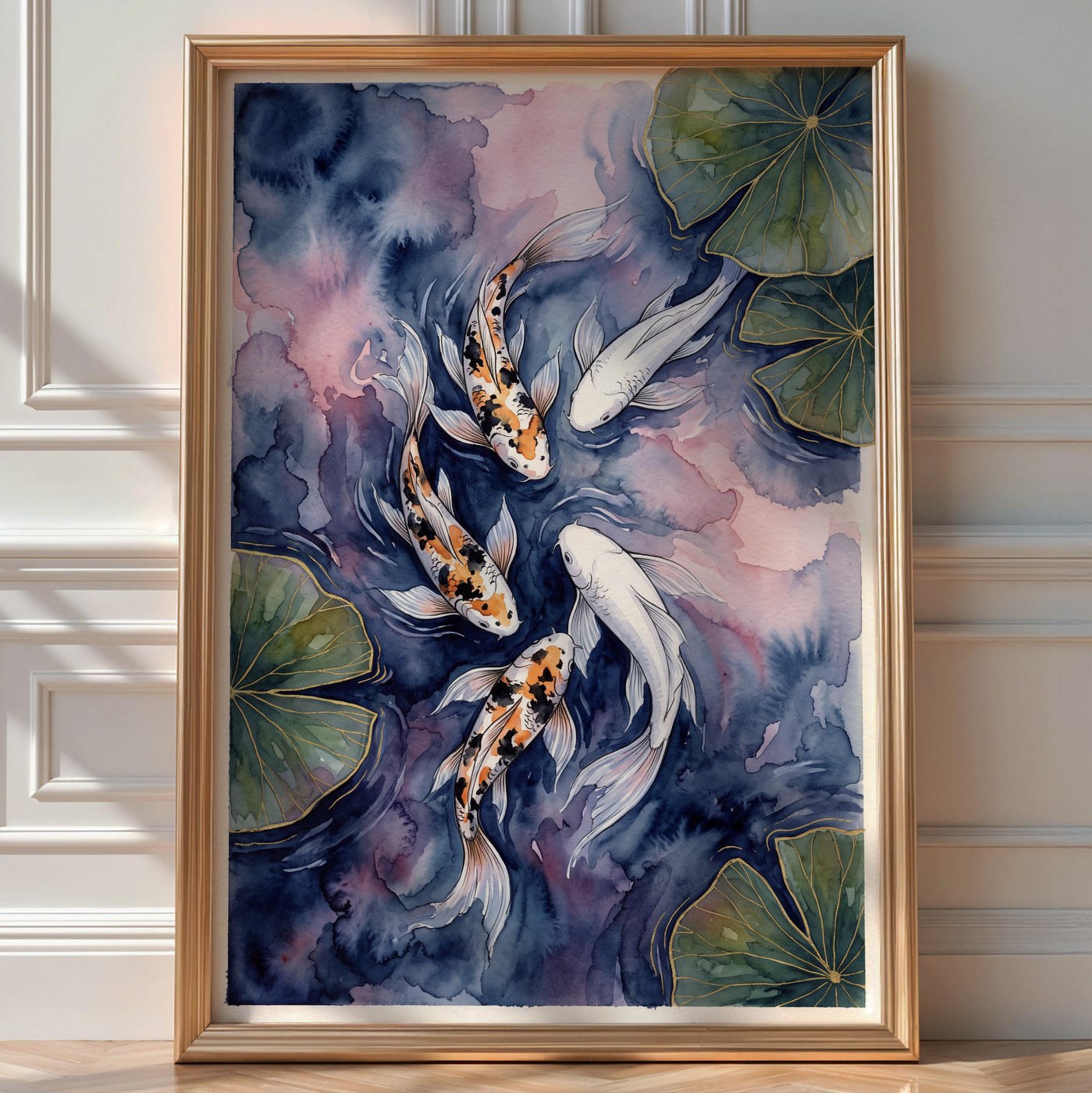 Blush Indigo Koi Poster – Ethereal Wall Art Print — room-portrait
