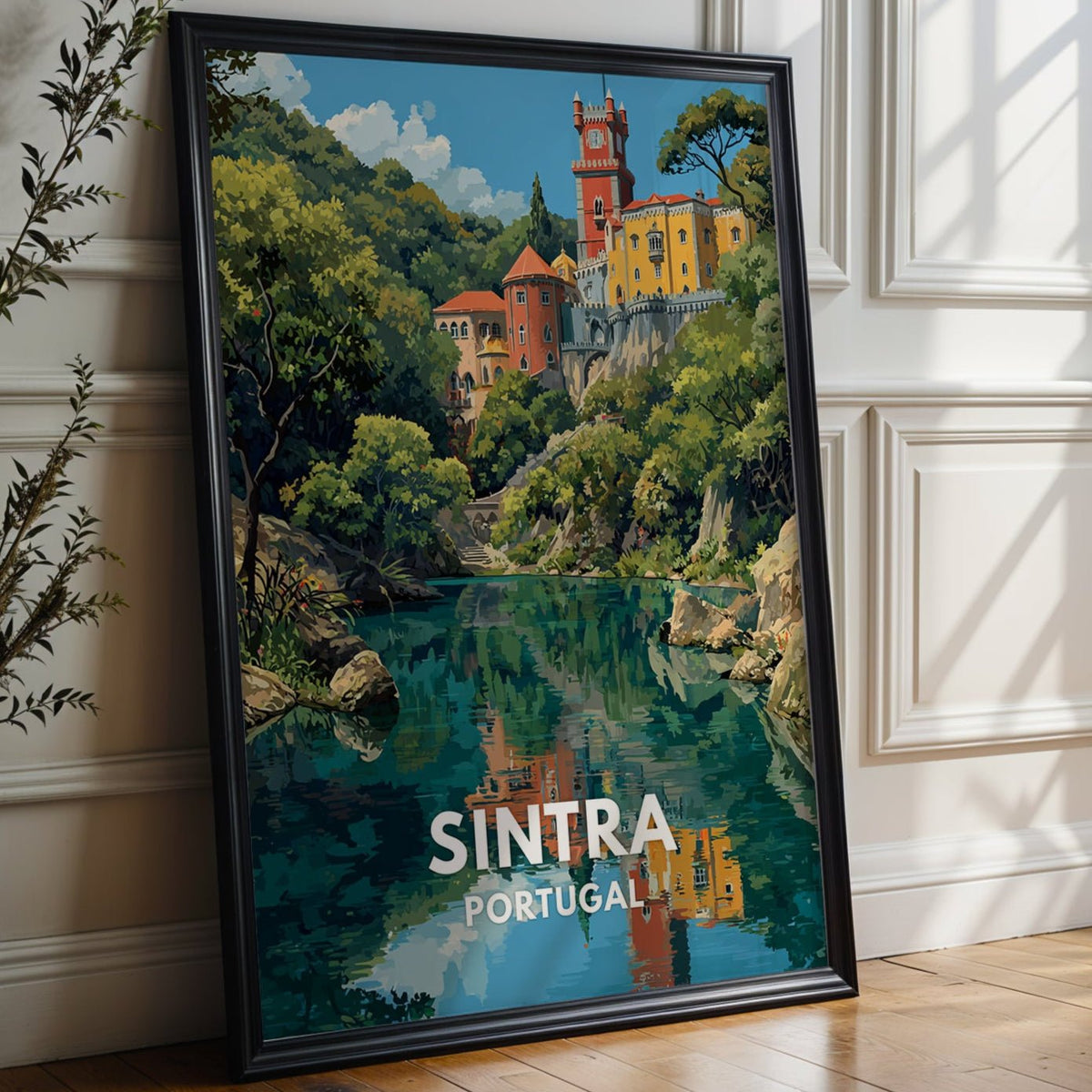 Framed poster of Sintra, Portugal with a scenic view on a wall.