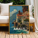 Outdoor seating area with a 'Amalfi Italy' poster on a wooden deck.